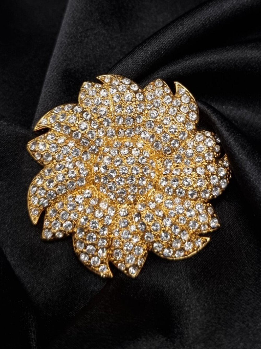 Vintage JBK Signed Gold-Tone Crystal Flower Floral Brooch
